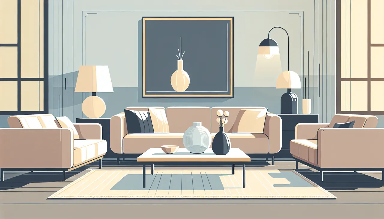 Draw a graphic in flat design style. A cozy living room with modern furniture, soft lighting, and a decorative vase on a minimalist coffee table.
