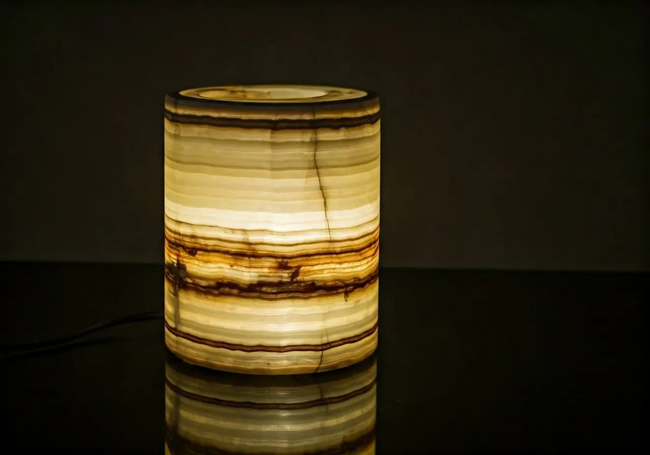 A glowing onyx lamp illuminating a modern living room. 35mm stock photo