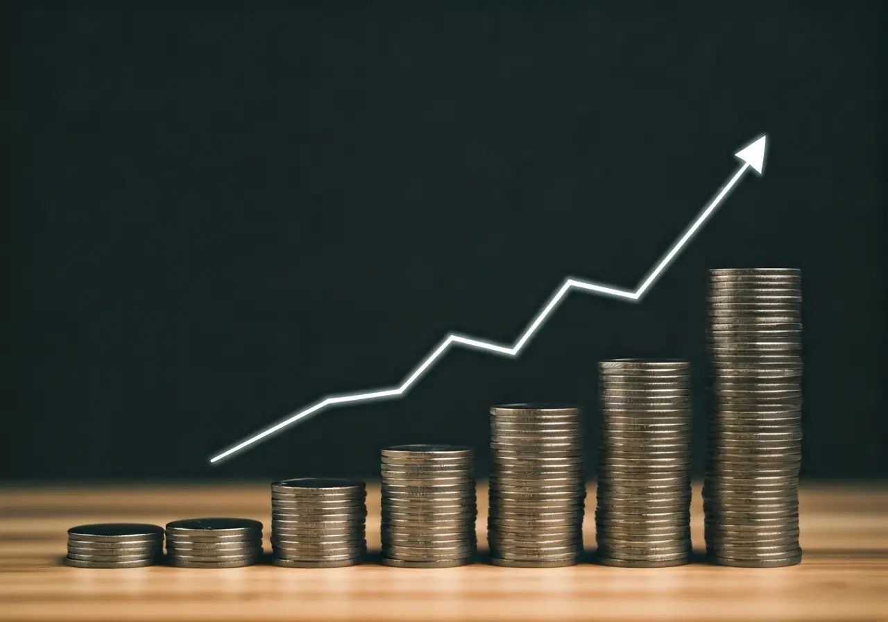 Stacks of coins and a rising line graph. 35mm stock photo