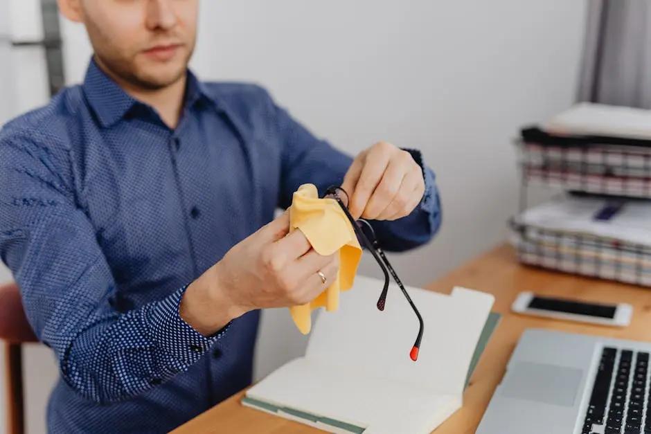 Young man in blue shirt cleaning eyeglasses with cloth at his desk.