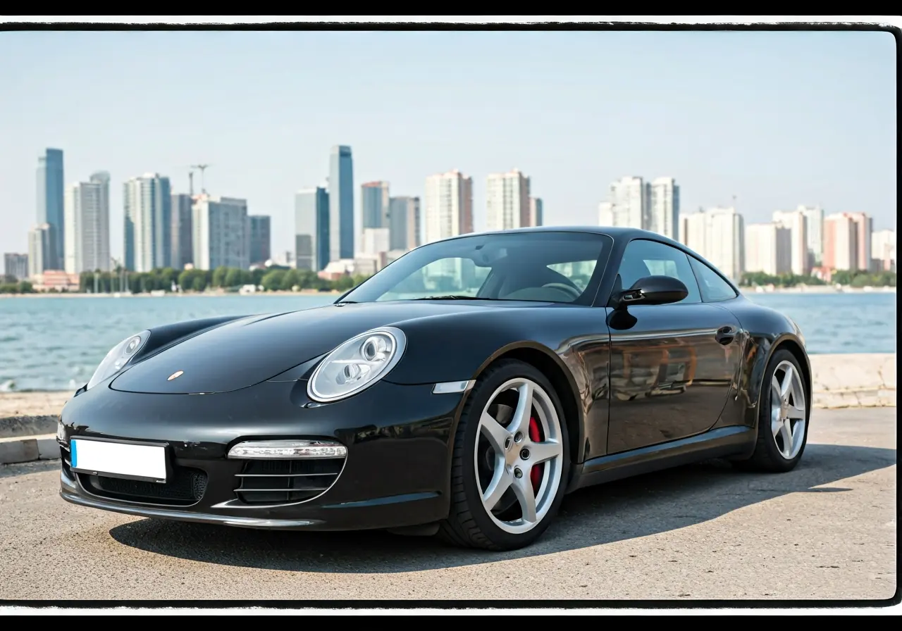 A sleek car being polished outdoors with a cityscape background. 35mm stock photo
