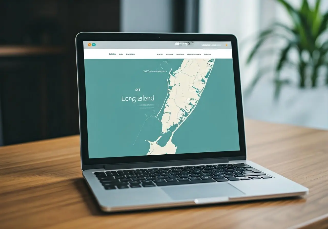 A laptop displaying a website design with Long Island map. 35mm stock photo