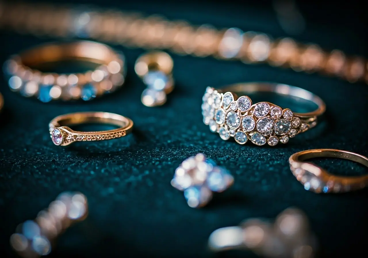 A close-up of various sparkling jewelry pieces on display. 35mm stock photo