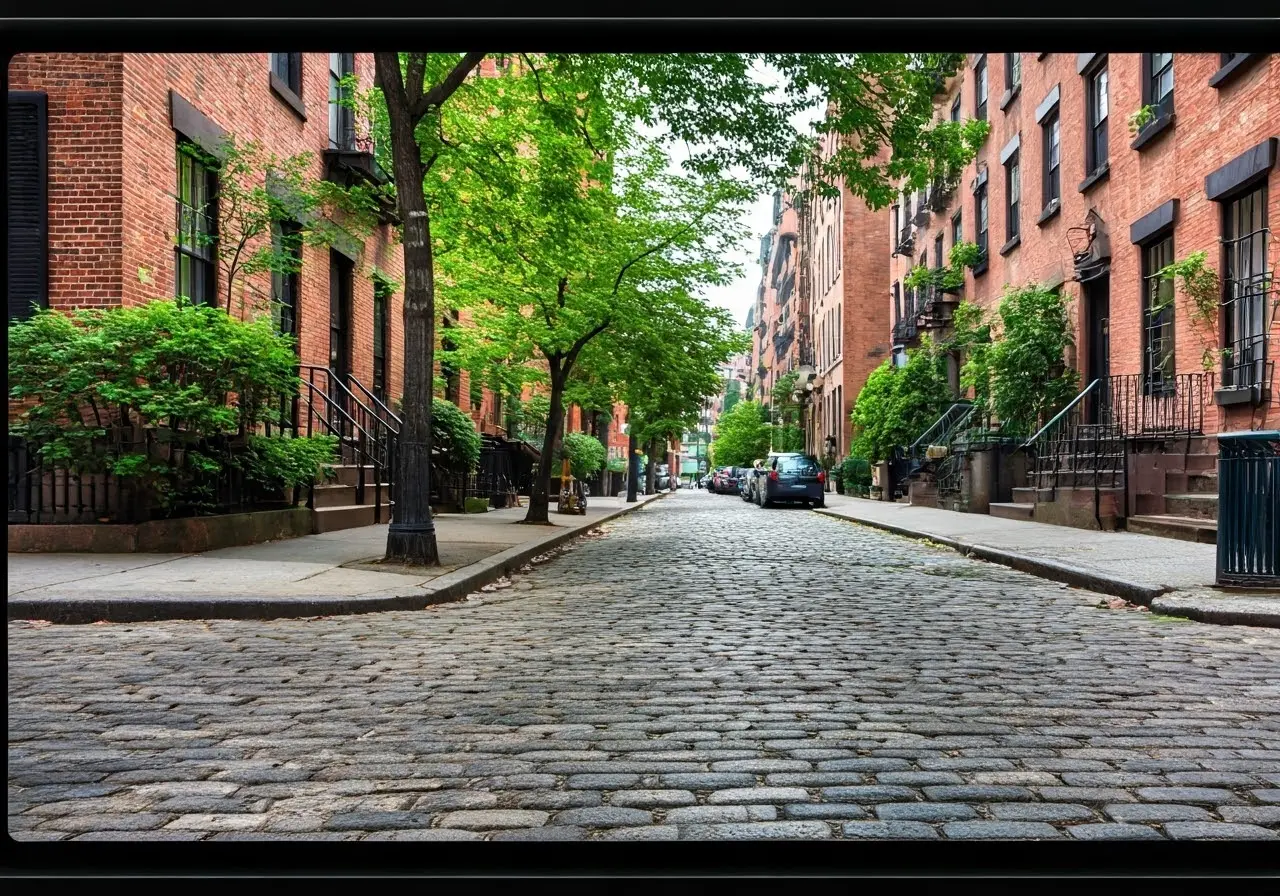 A charming cobblestone street in the West Village, NYC. 35mm stock photo