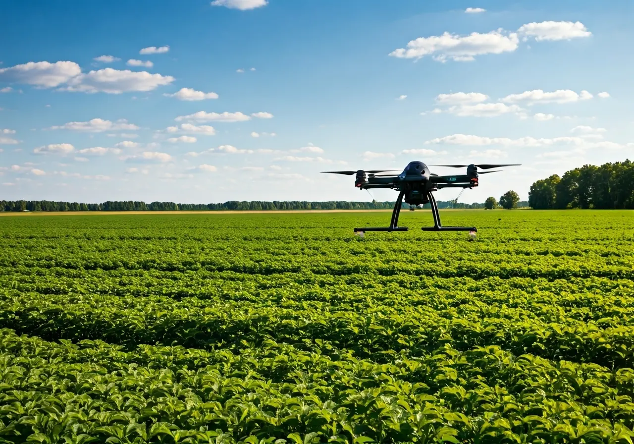A drone spraying crops in a vast agricultural field. 35mm stock photo