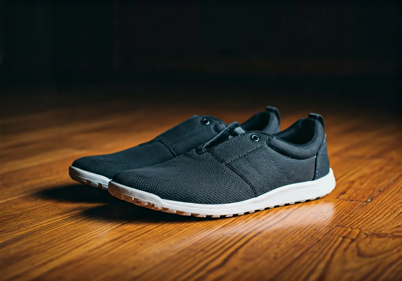 A pair of zero drop shoes on a wooden floor. 35mm stock photo