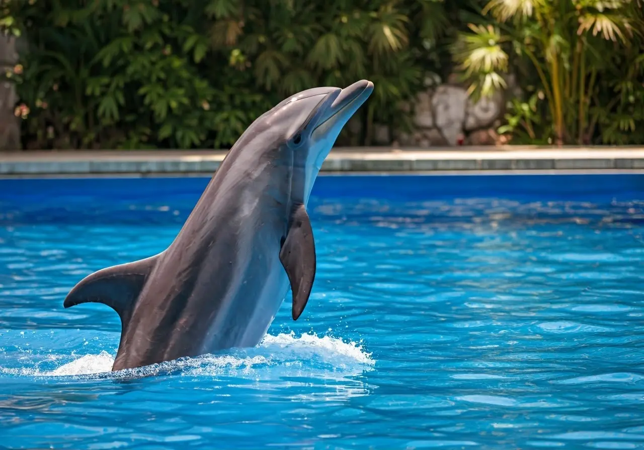 A trained dolphin performing at a wildlife conservation event. 35mm stock photo