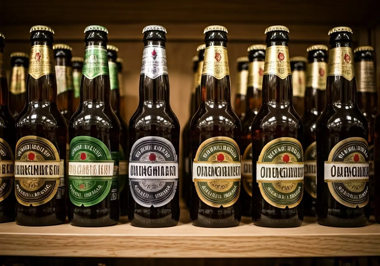 Variety of colorful, labeled non-alcoholic beer bottles on a shelf. 35mm stock photo