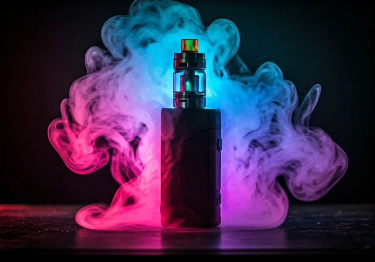 A glowing vape device surrounded by vibrant misty clouds. 35mm stock photo