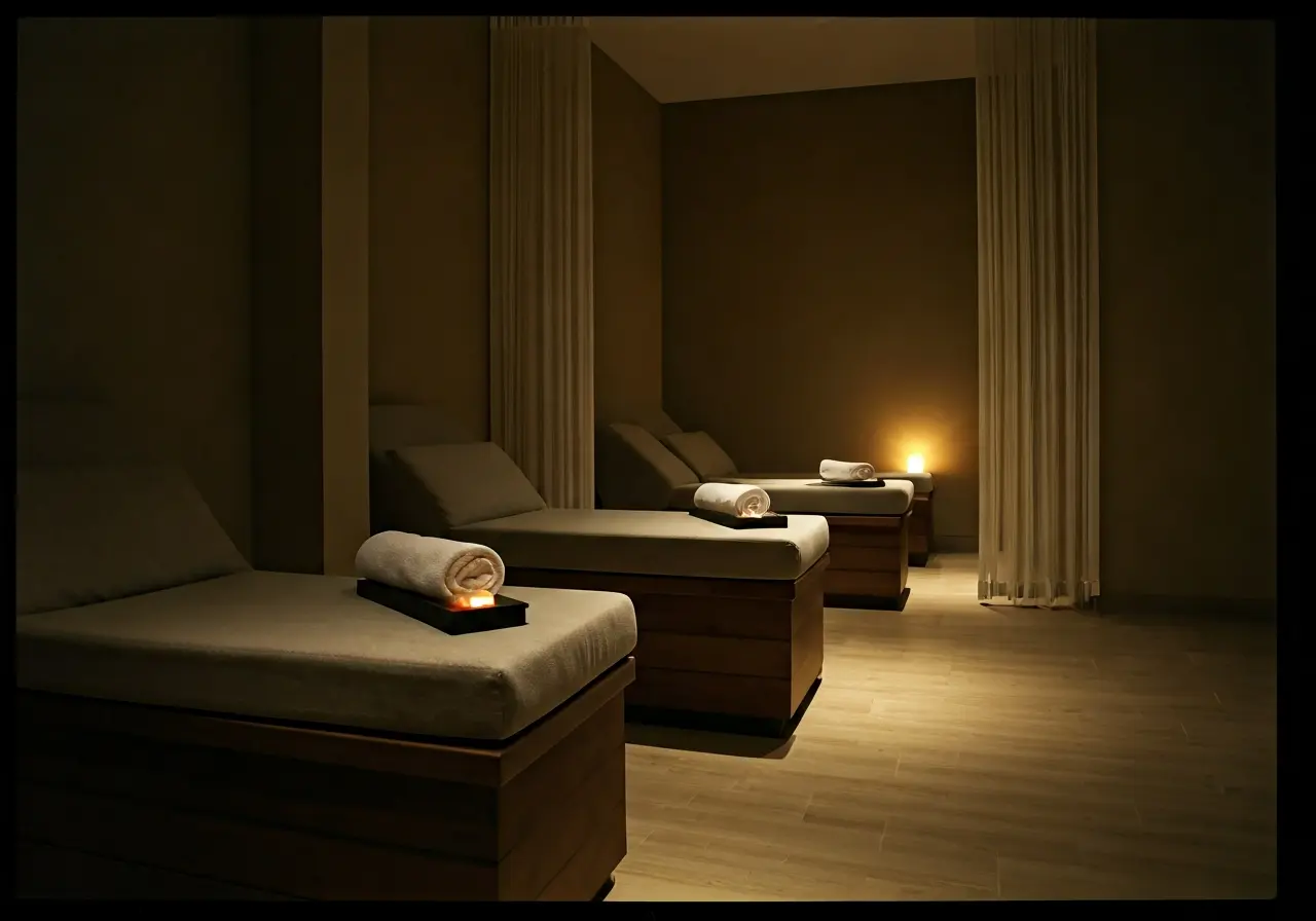A serene spa room with soft lighting and calming decor. 35mm stock photo