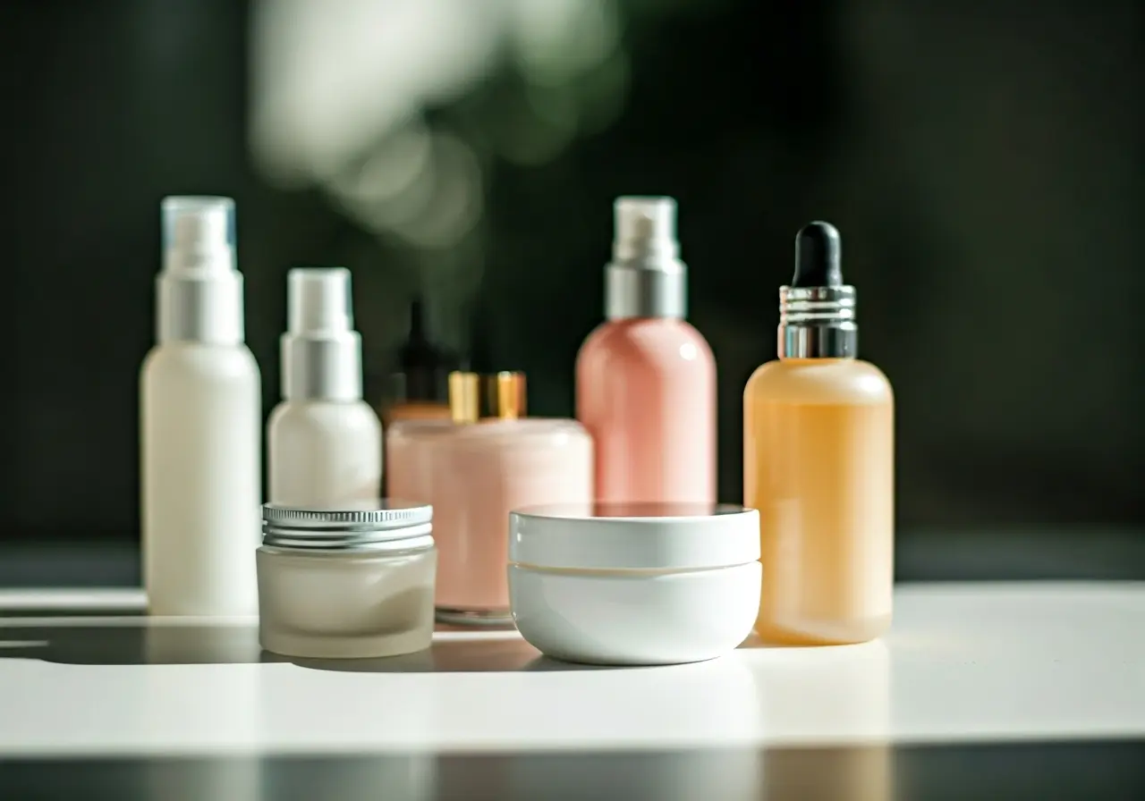 A close-up of diverse skincare products on a white counter. 35mm stock photo