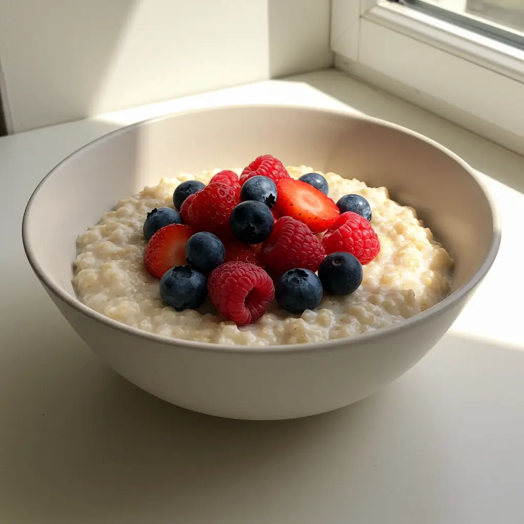 Bowl of oatmeal topped with fresh berries.