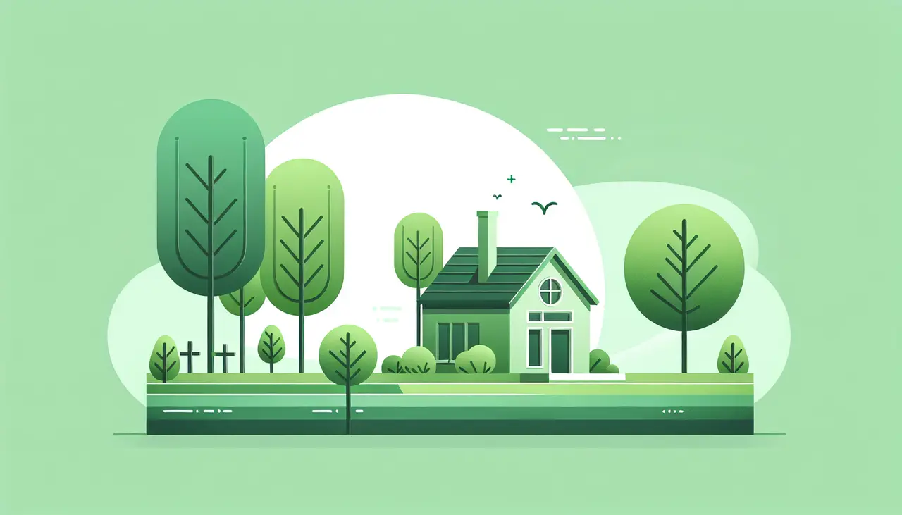 Draw a graphic in flat design style. An image of a serene, minimalist green landscape with a small eco-friendly funeral home and trees, symbolizing sustainability and peace.