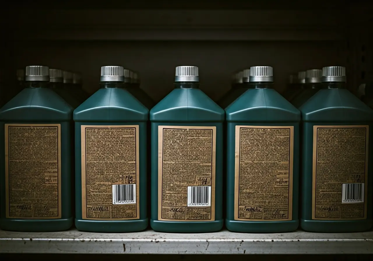 A row of large bottles of lighter fluid on a shelf. 35mm stock photo