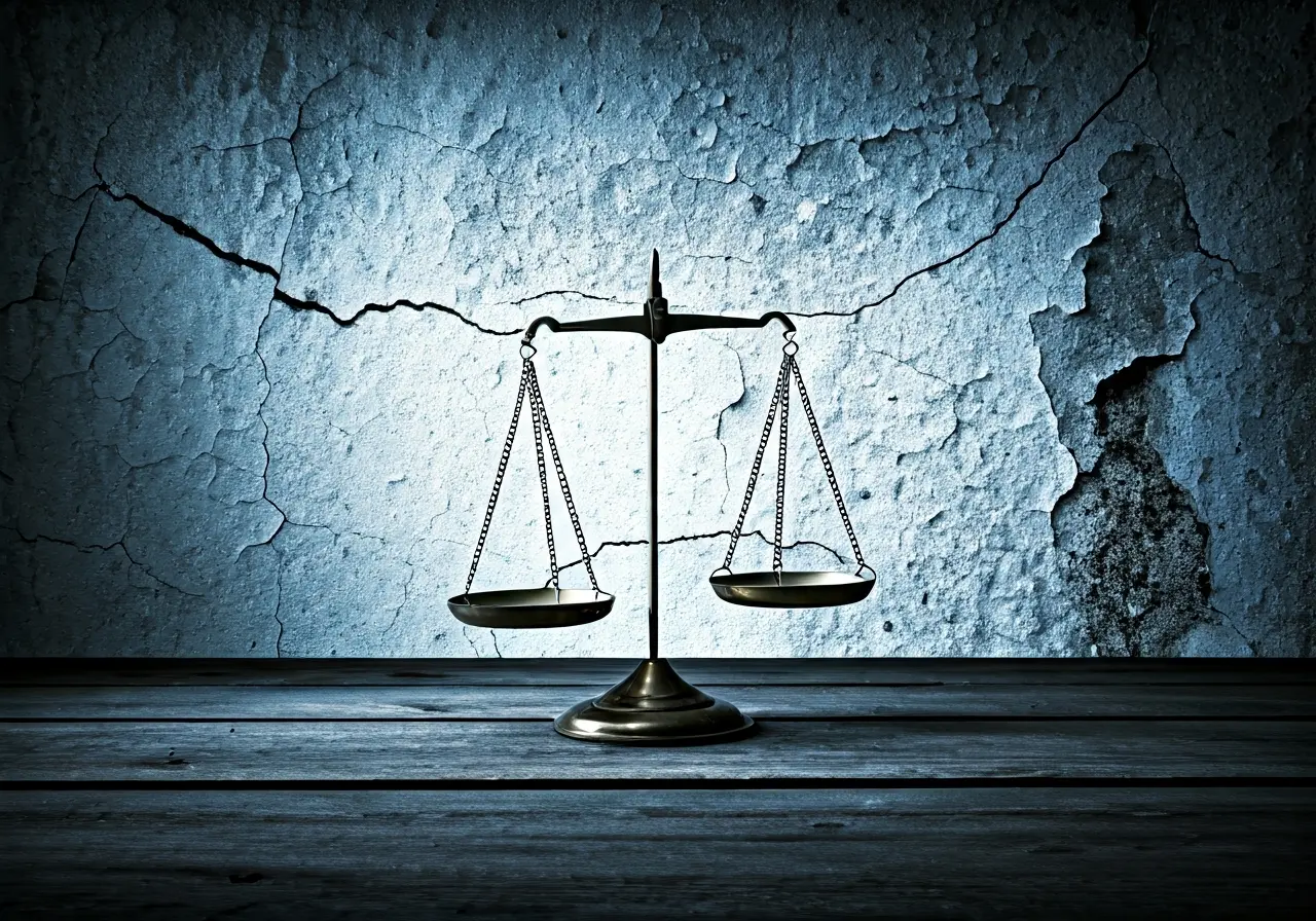 A scale of justice surrounded by moldy, cracked walls. 35mm stock photo