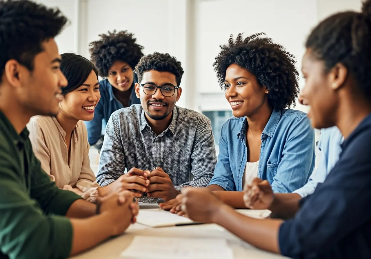 A diverse group of people engaging in a lively discussion. 35mm stock photo