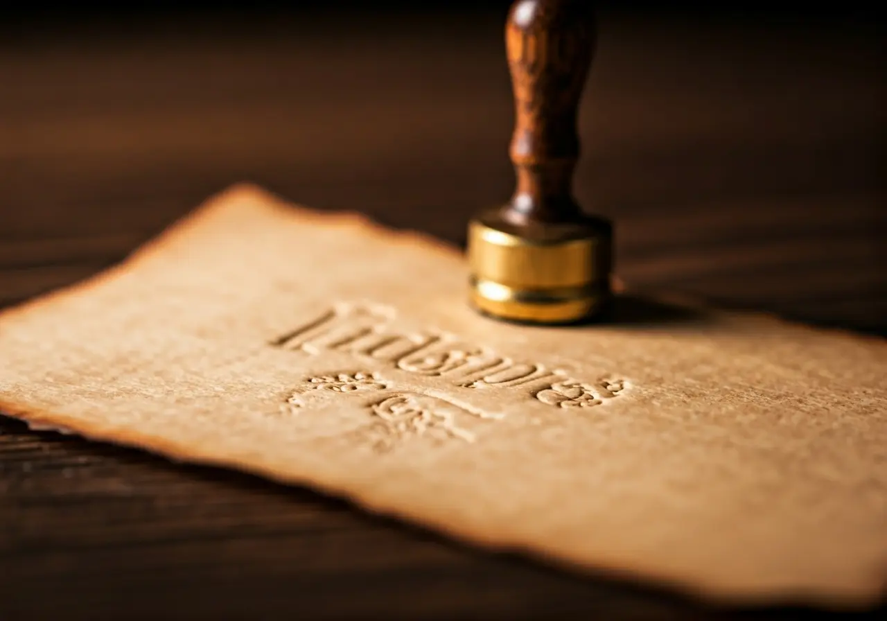 A close-up of an embosser stamp on parchment paper. 35mm stock photo