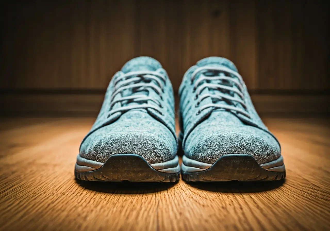A pair of recovery shoes on a wooden floor. 35mm stock photo