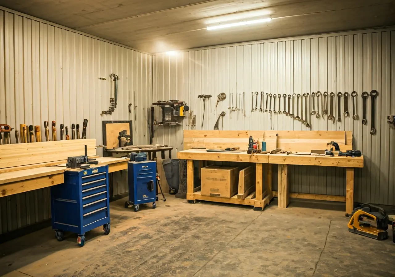 A well-equipped workshop with various professional remodeling tools. 35mm stock photo