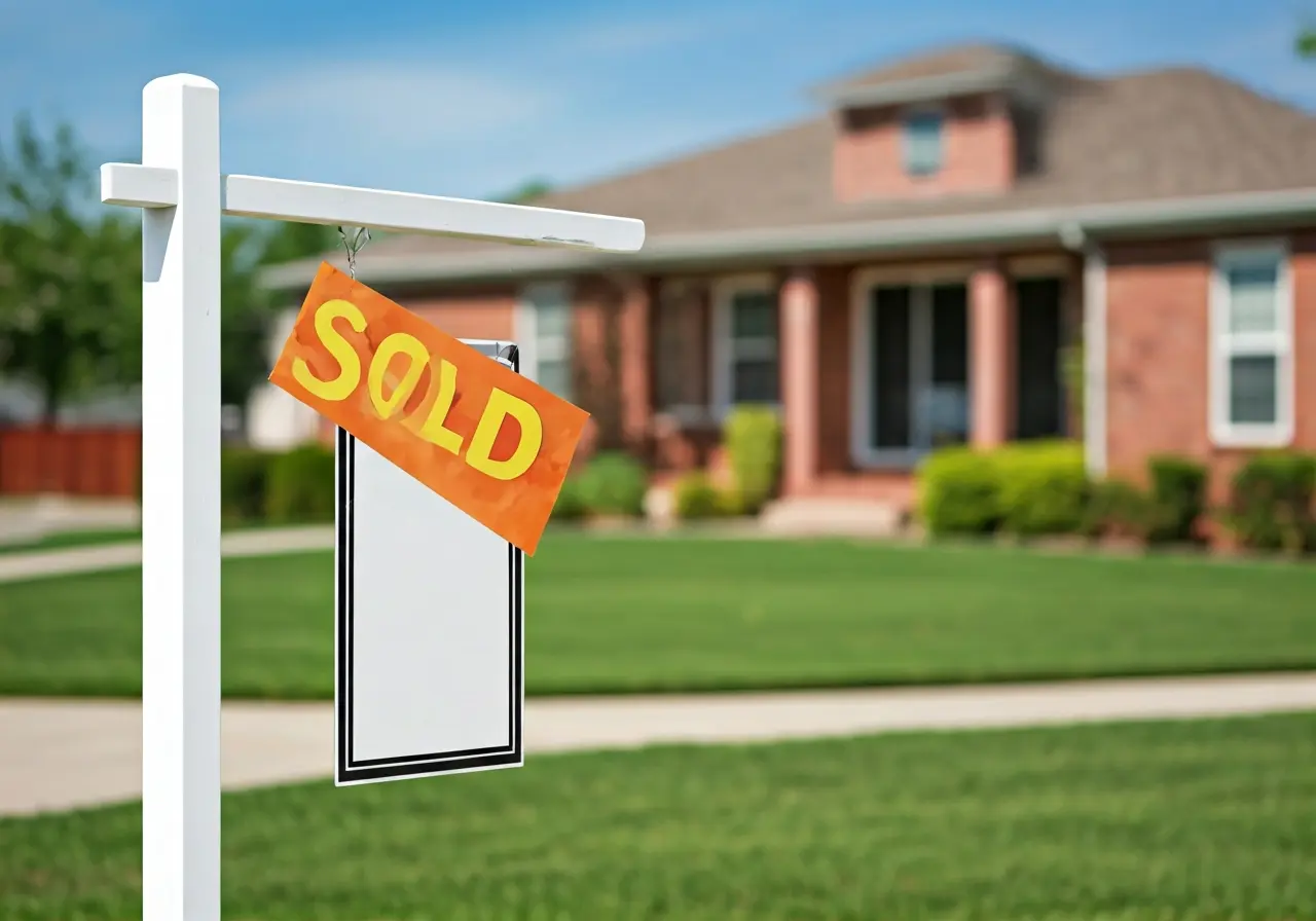 A Sold sign in front of a suburban house. 35mm stock photo