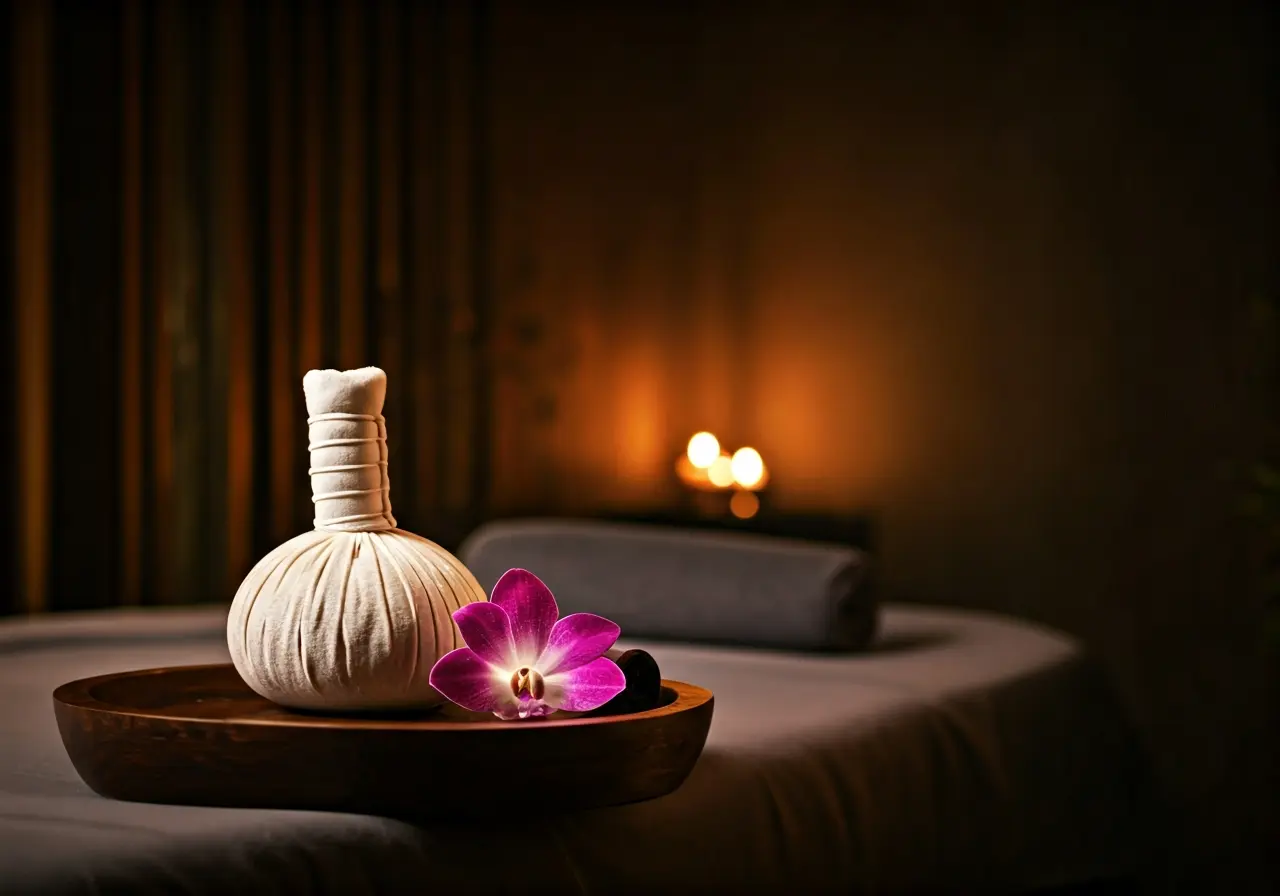 A serene spa setting with massage table and wellness decor. 35mm stock photo