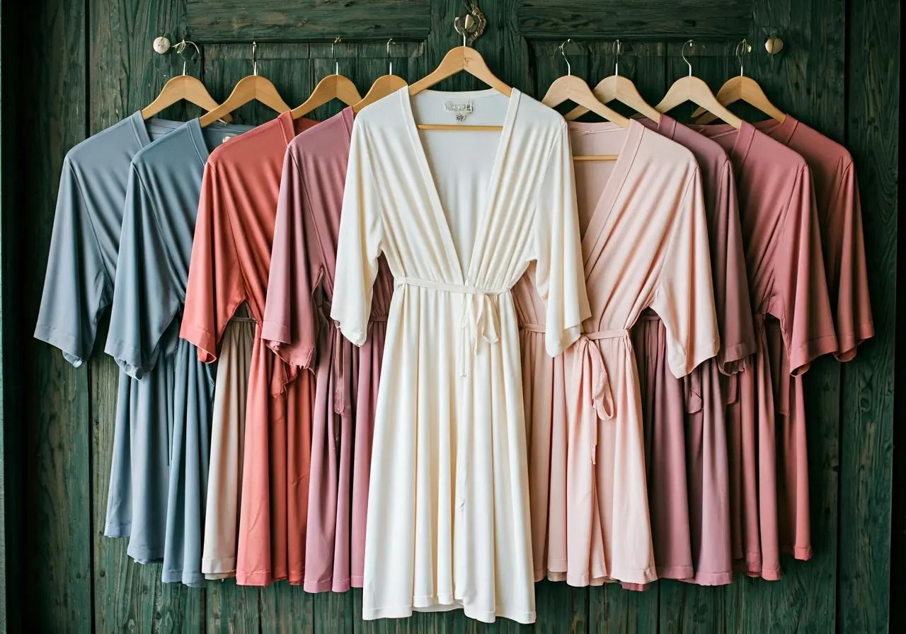 Pastel-colored satin and cotton bridesmaid robes neatly displayed. 35mm stock photo
