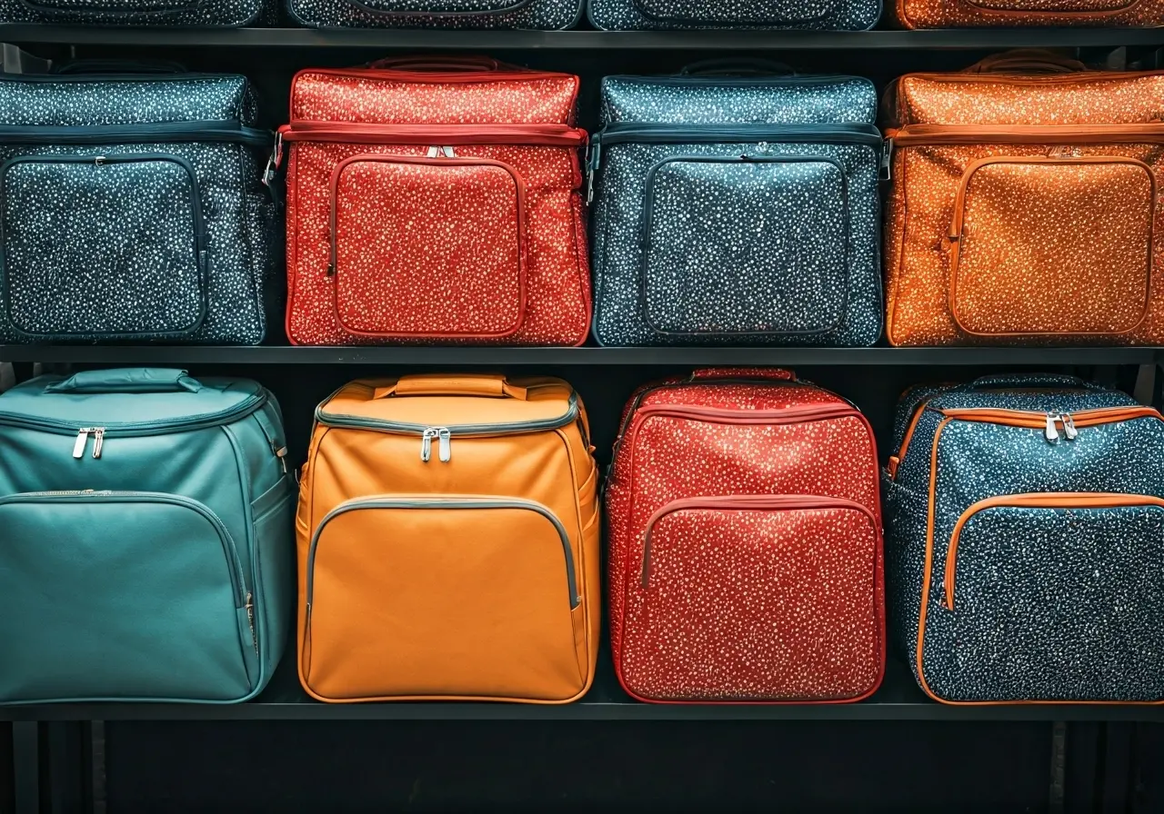 A colorful assortment of baby travel bags on display. 35mm stock photo