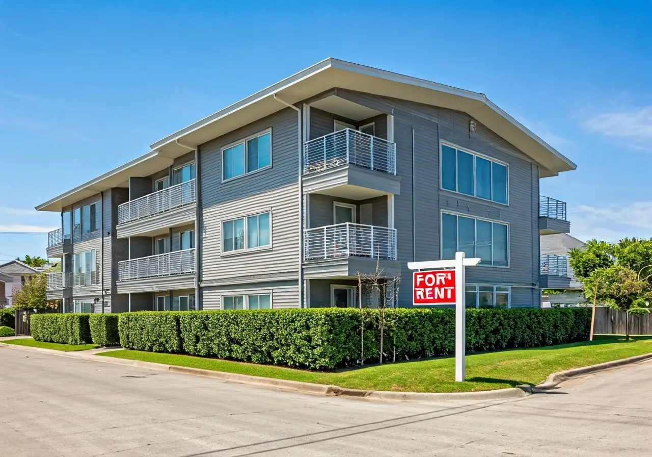 A modern apartment with a For Rent sign outside. 35mm stock photo