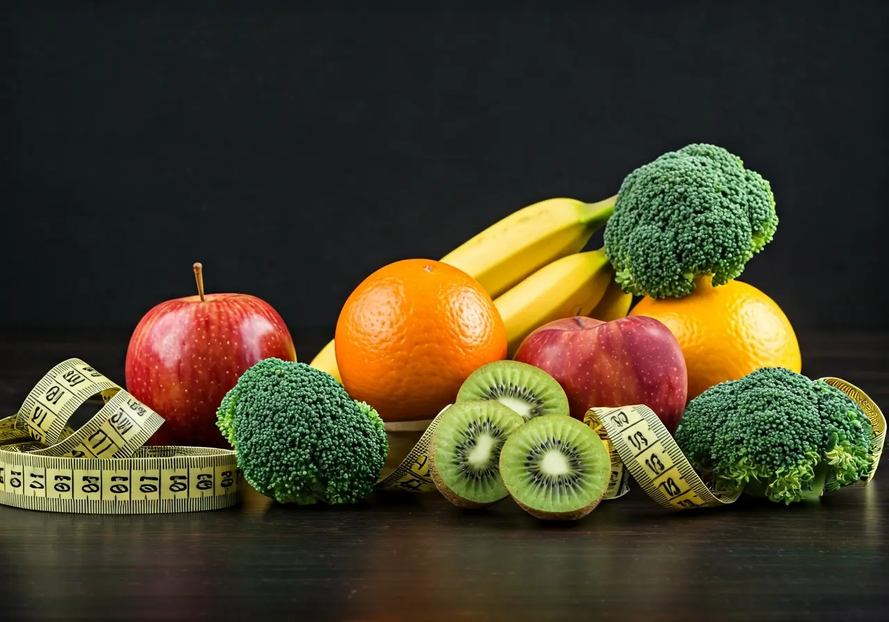 A colorful arrangement of healthy fruits and measuring tape. 35mm stock photo