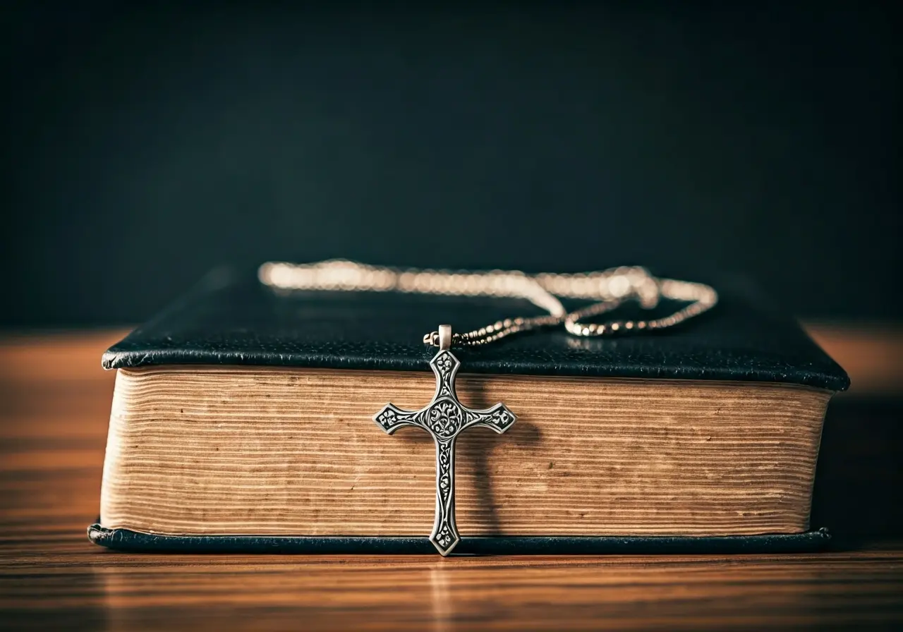 A cross necklace resting on an open Bible. 35mm stock photo