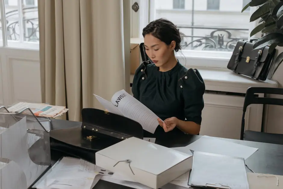 Elegant young woman reading documents in a stylish office setting.