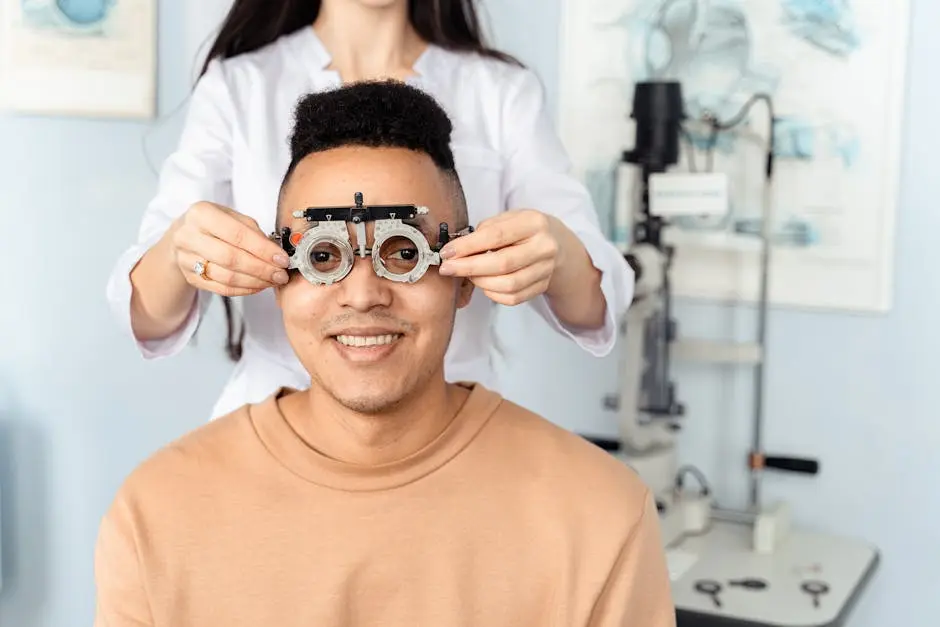 A man receiving an eye exam with a phoropter in an optometry clinic setting.