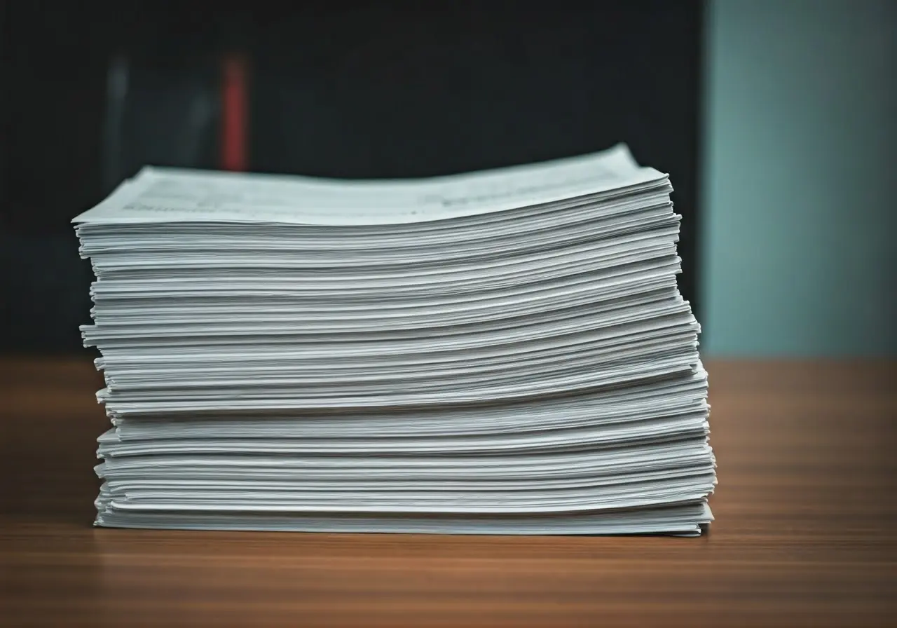 A stack of invoices on a tidy office desk. 35mm stock photo