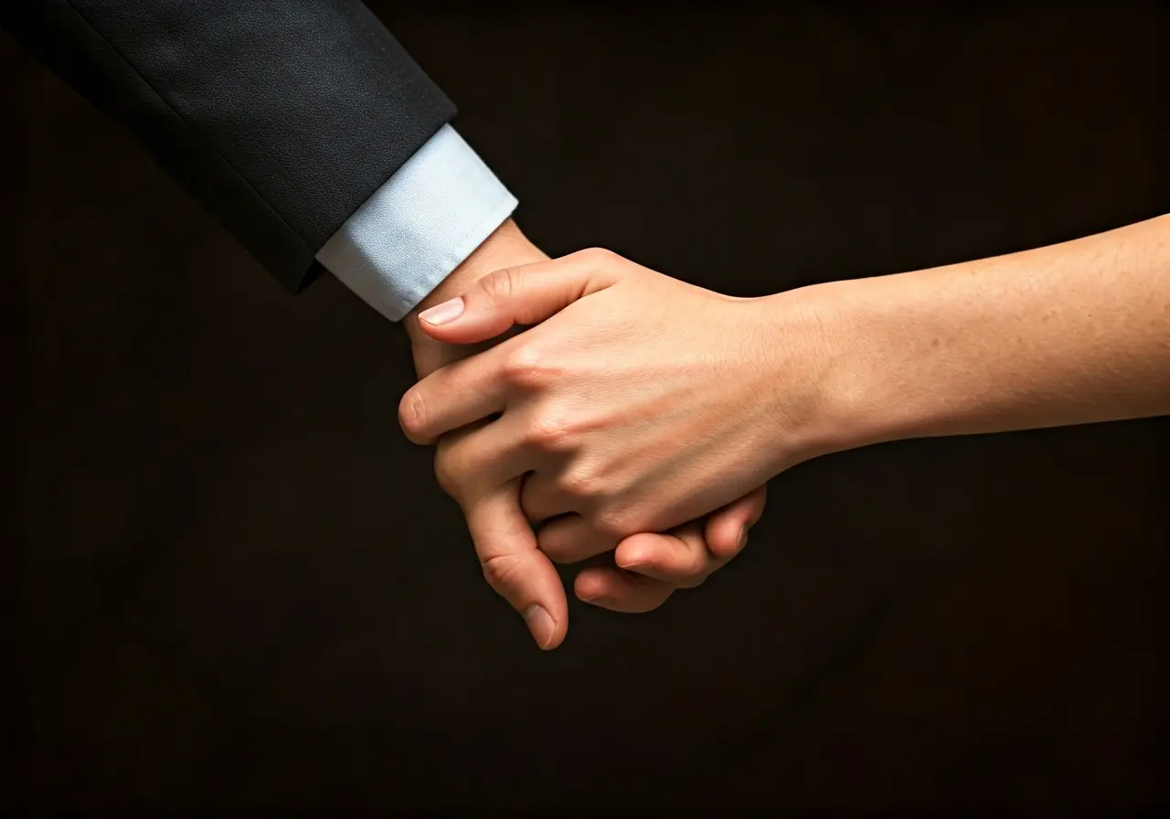 Two hands intertwined symbolizing connection and understanding. 35mm stock photo
