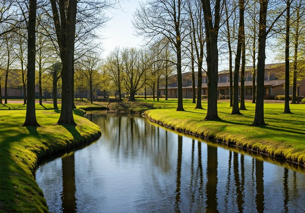 A serene landscape depicting a tranquil rehabilitation center setting. 35mm stock photo