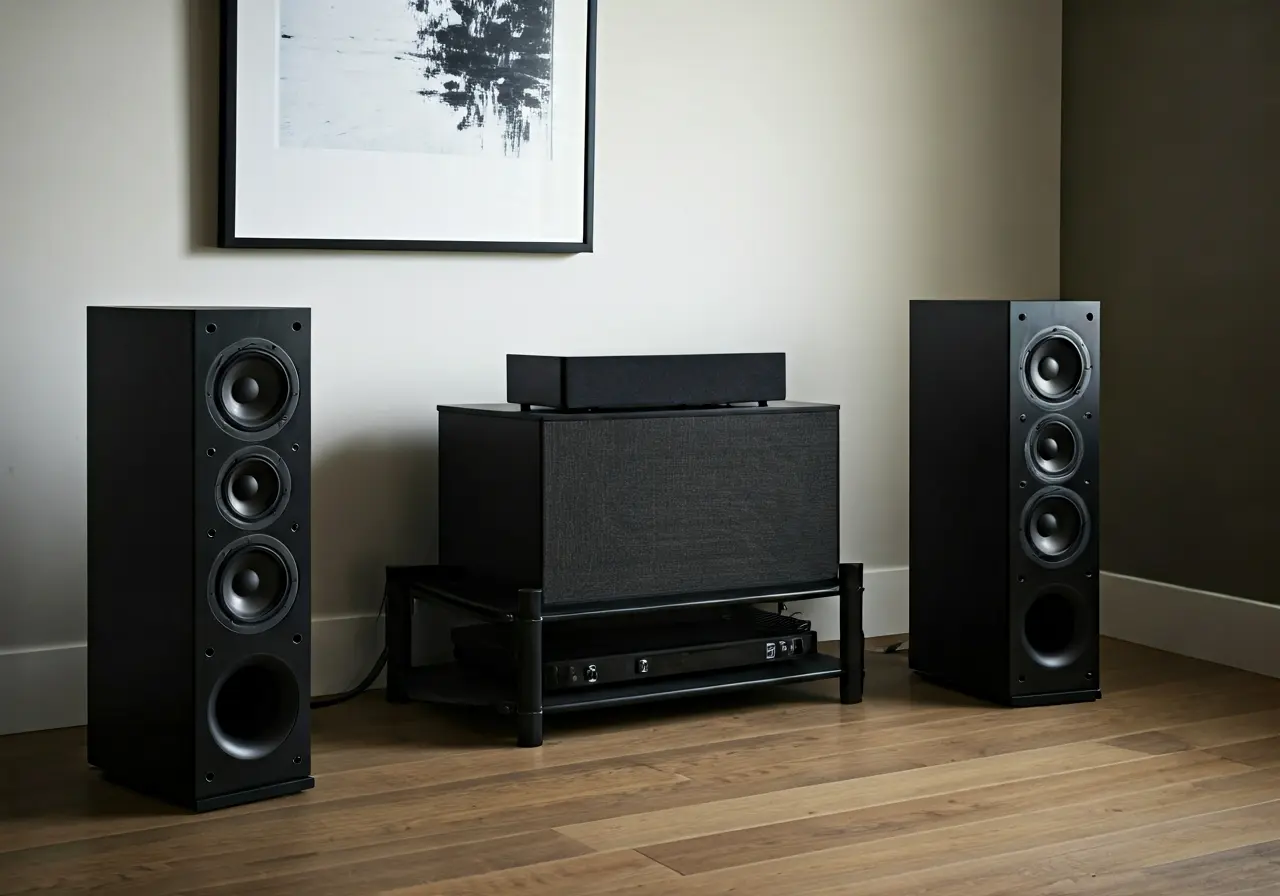Modern living room with a sleek surround sound speaker setup. 35mm stock photo