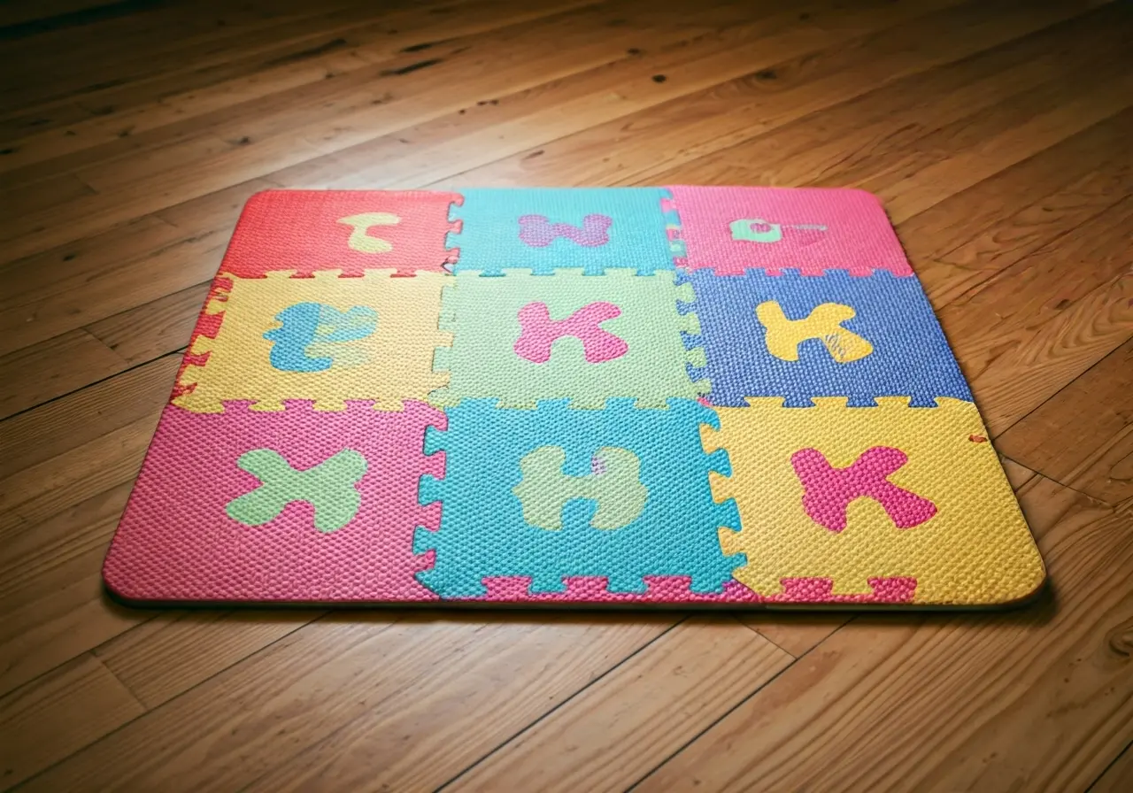 Colorful baby mat on a clean wooden floor. 35mm stock photo