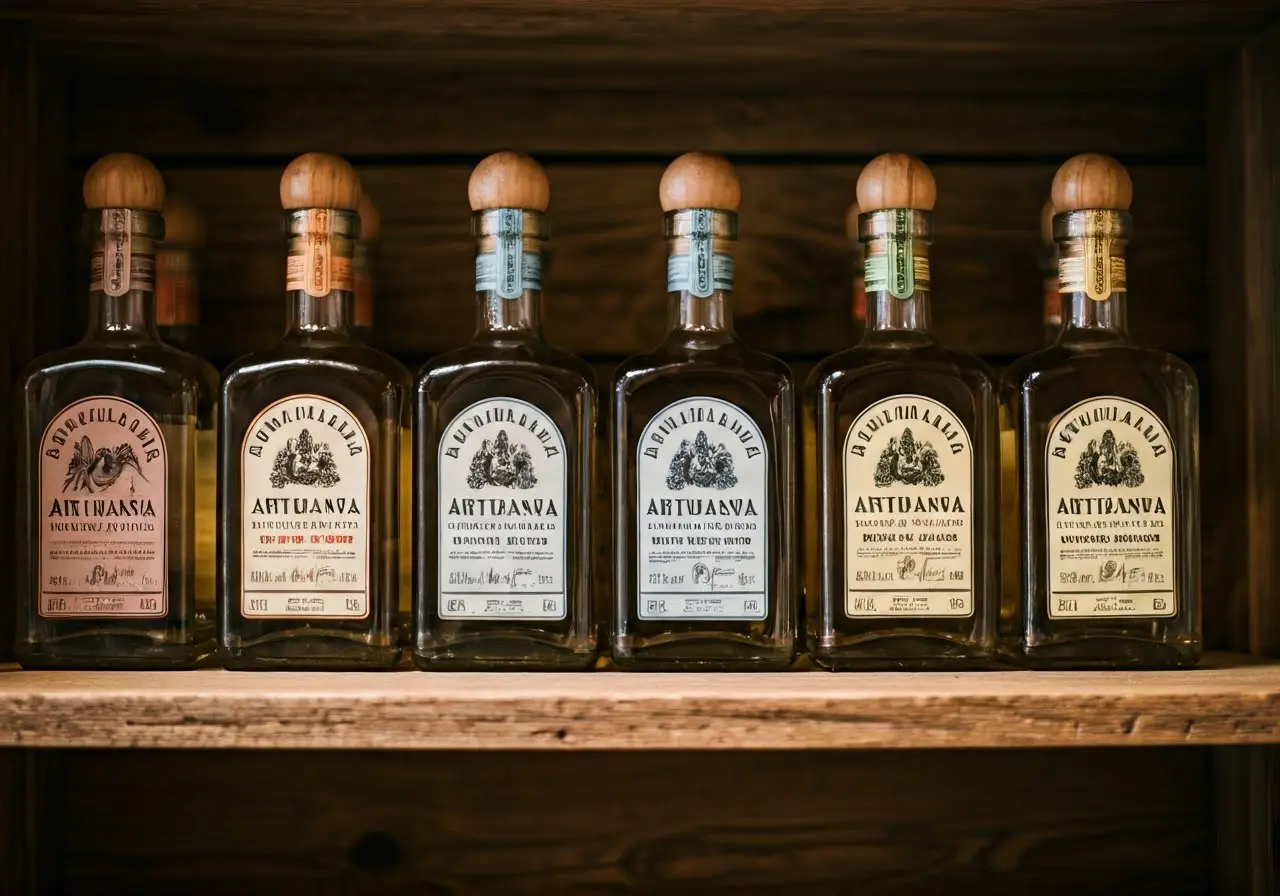 Bottles of artisanal tequila on a rustic wooden shelf. 35mm stock photo