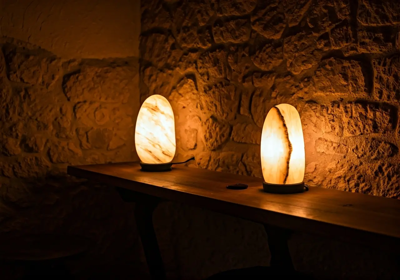 A cozy room with soft light from natural stone lamps. 35mm stock photo