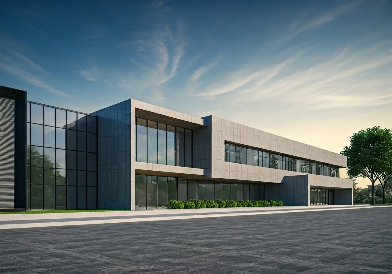 A modern, sleek architectural design rendered in 3D exterior view. 35mm stock photo