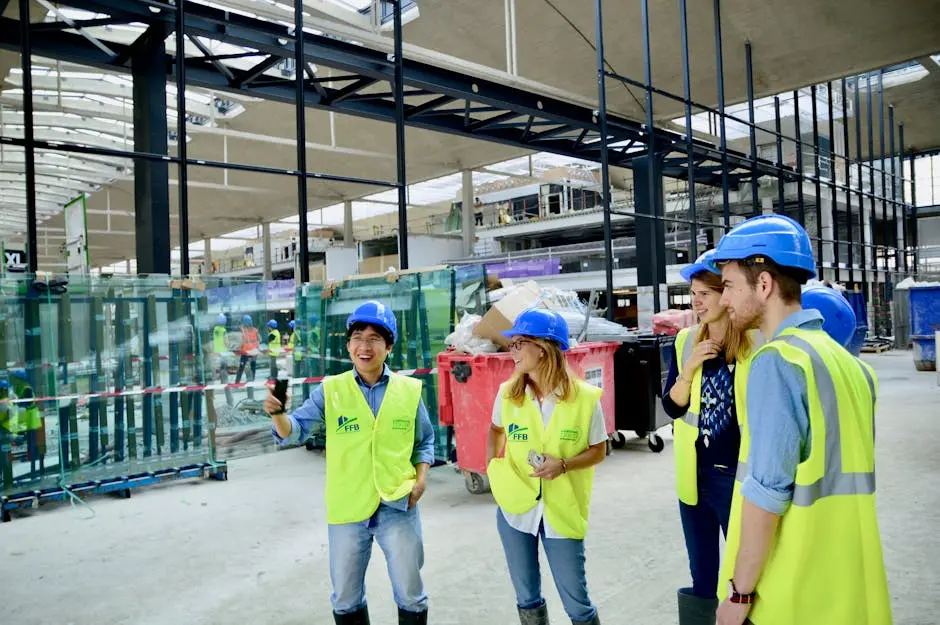 Group of engineers and architects wearing safety gear at a construction site, discussing plans.