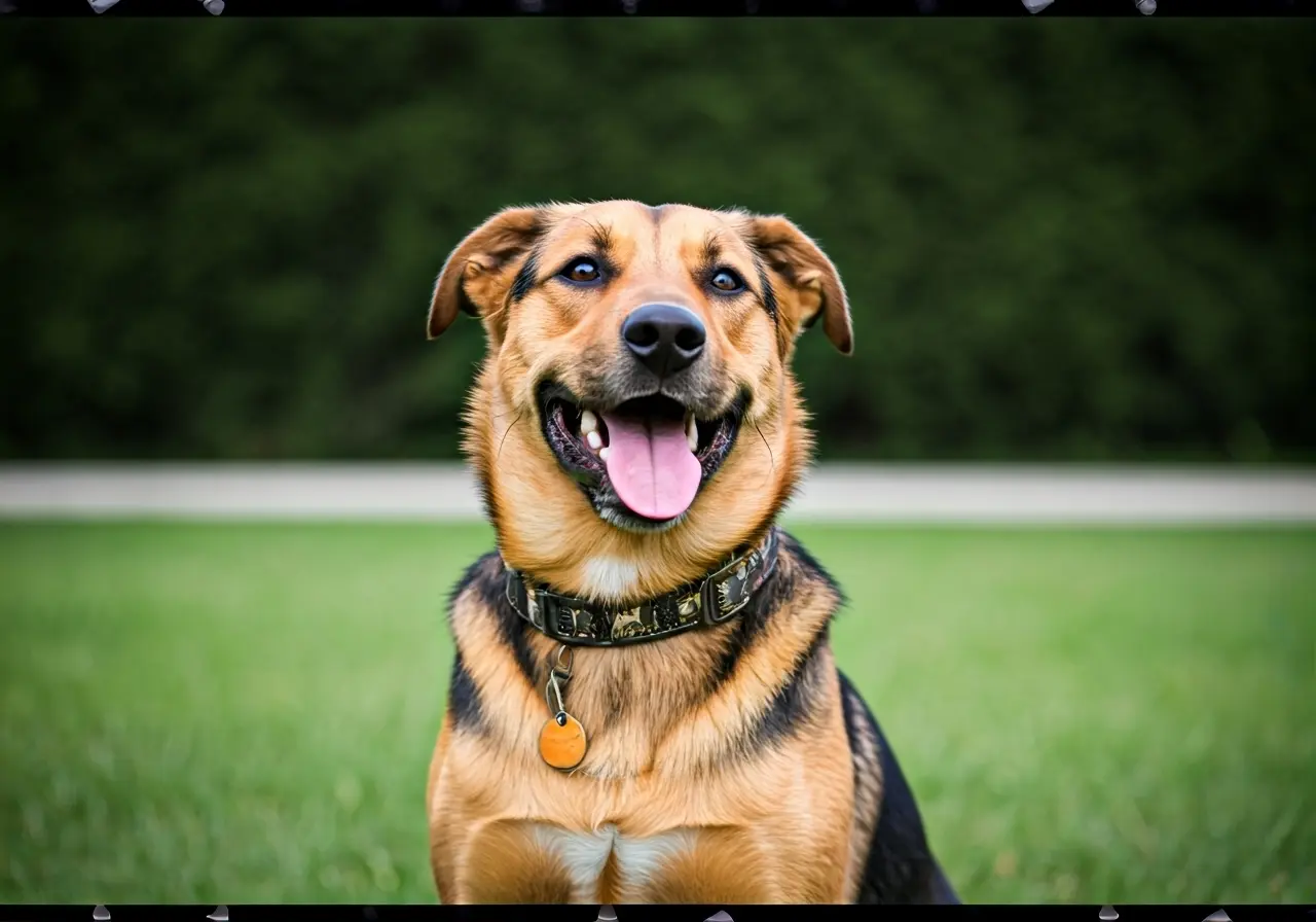 A happy dog sitting outdoors with a collar and tag. 35mm stock photo