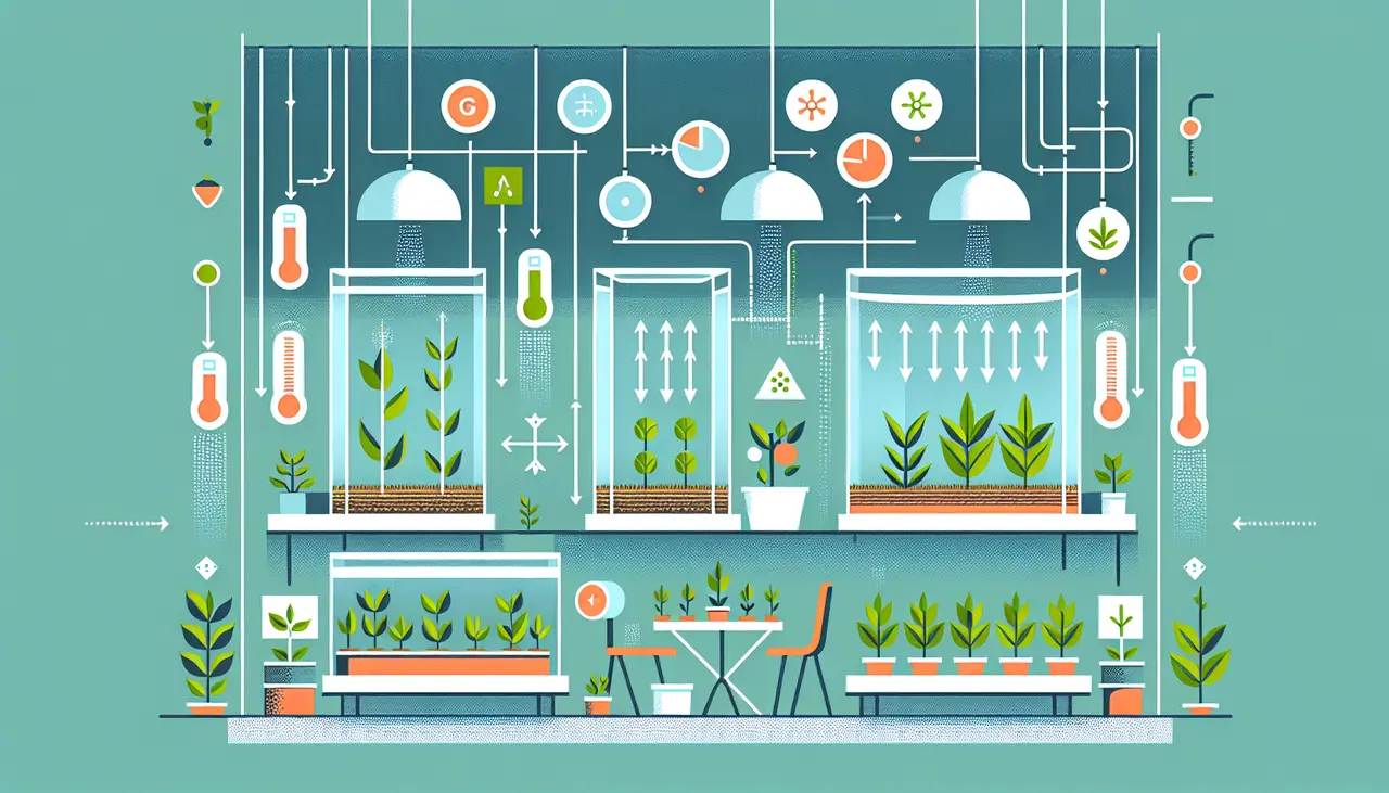 Draw a graphic in flat design style. A modern indoor farm with stylized, simplified plants showing growth stages and arrows indicating environmental control, all within a minimalist design.