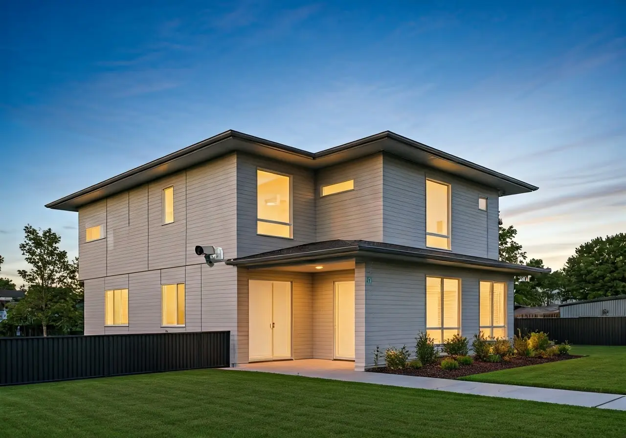 A modern smart home with visible security cameras and sensors. 35mm stock photo