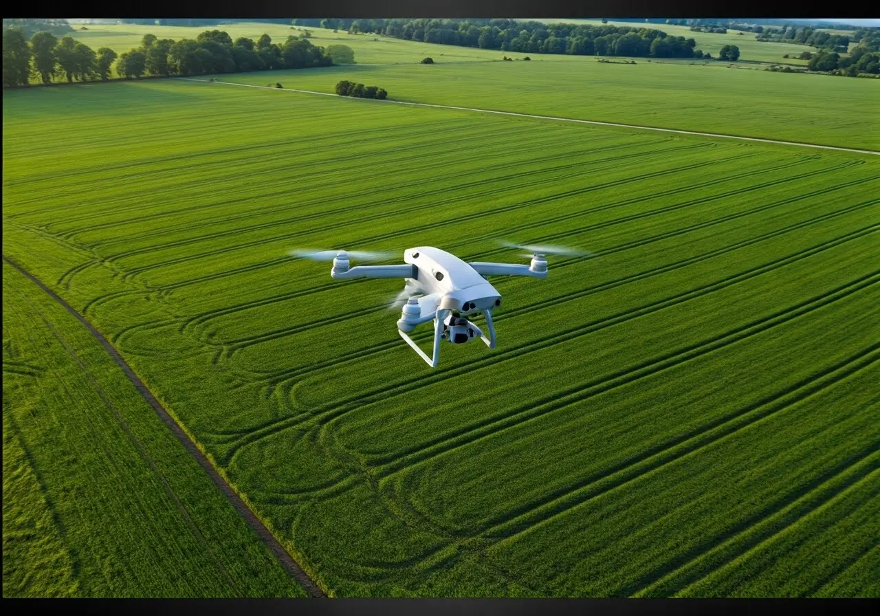 Aerial view of a drone flying over lush green fields. 35mm stock photo