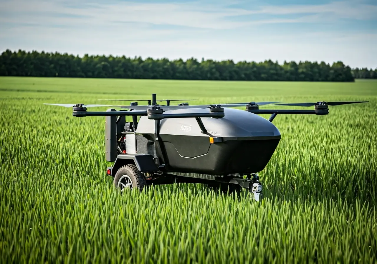 A drone trailer parked in a lush green agricultural field. 35mm stock photo