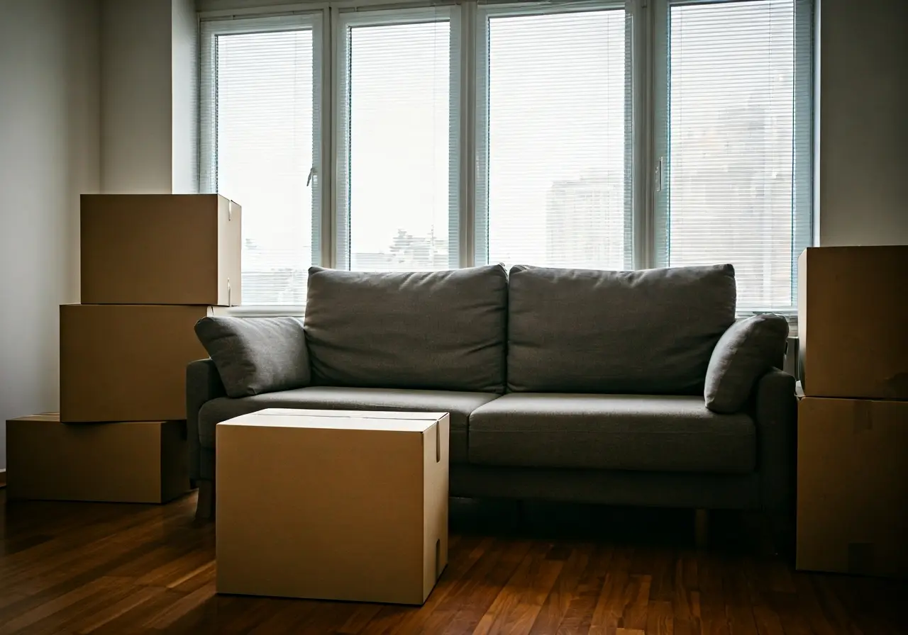 A cozy, minimalist living room with packed moving boxes. 35mm stock photo