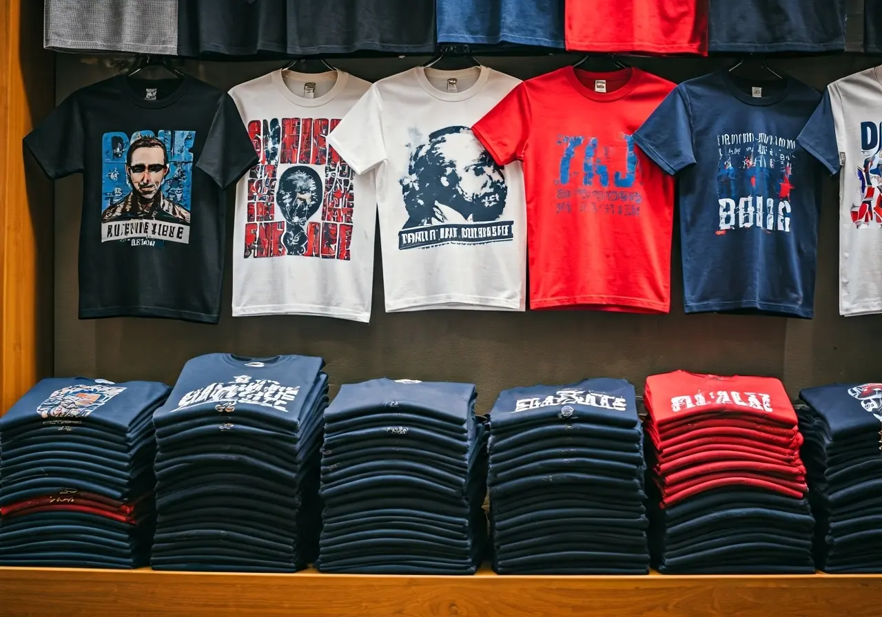 A colorful array of political-themed T-shirts in a store. 35mm stock photo