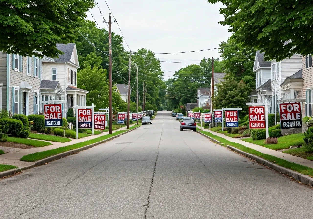 A charming Maryland neighborhood street lined with for sale signs. 35mm stock photo