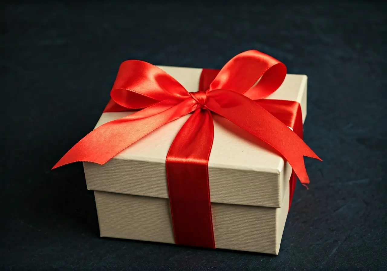 A beautifully wrapped gift box with a luxurious ribbon. 35mm stock photo